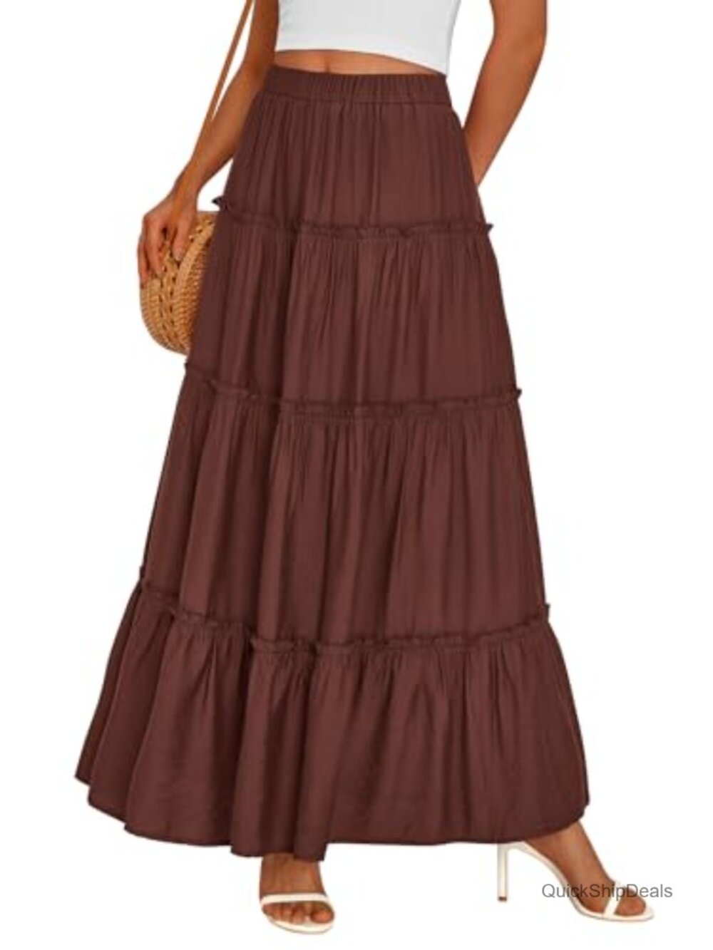 Women's Boho Tiered Ruffle Flowy Maxi Skirt Pull-On with Pockets